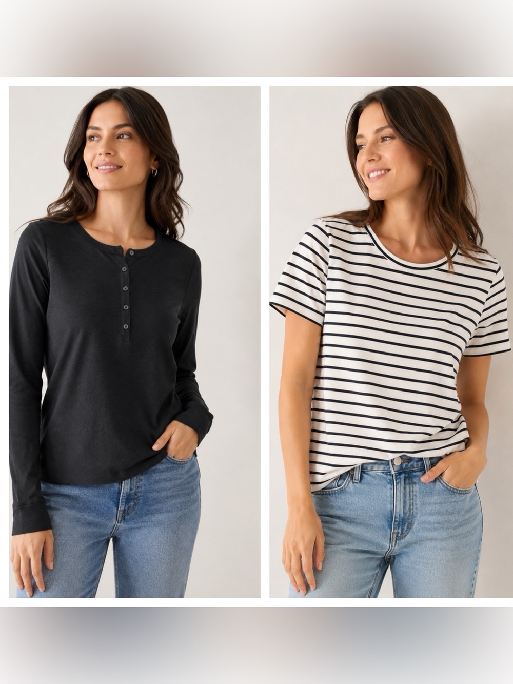 J. Crew Black Henley Long-Sleeve & White Black Striped Tee Duo XL